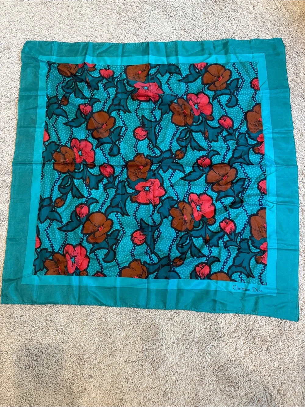 Dior Turquoise Floral Silk Scarf with Coral and Brown Accents Vintage 100% Silk